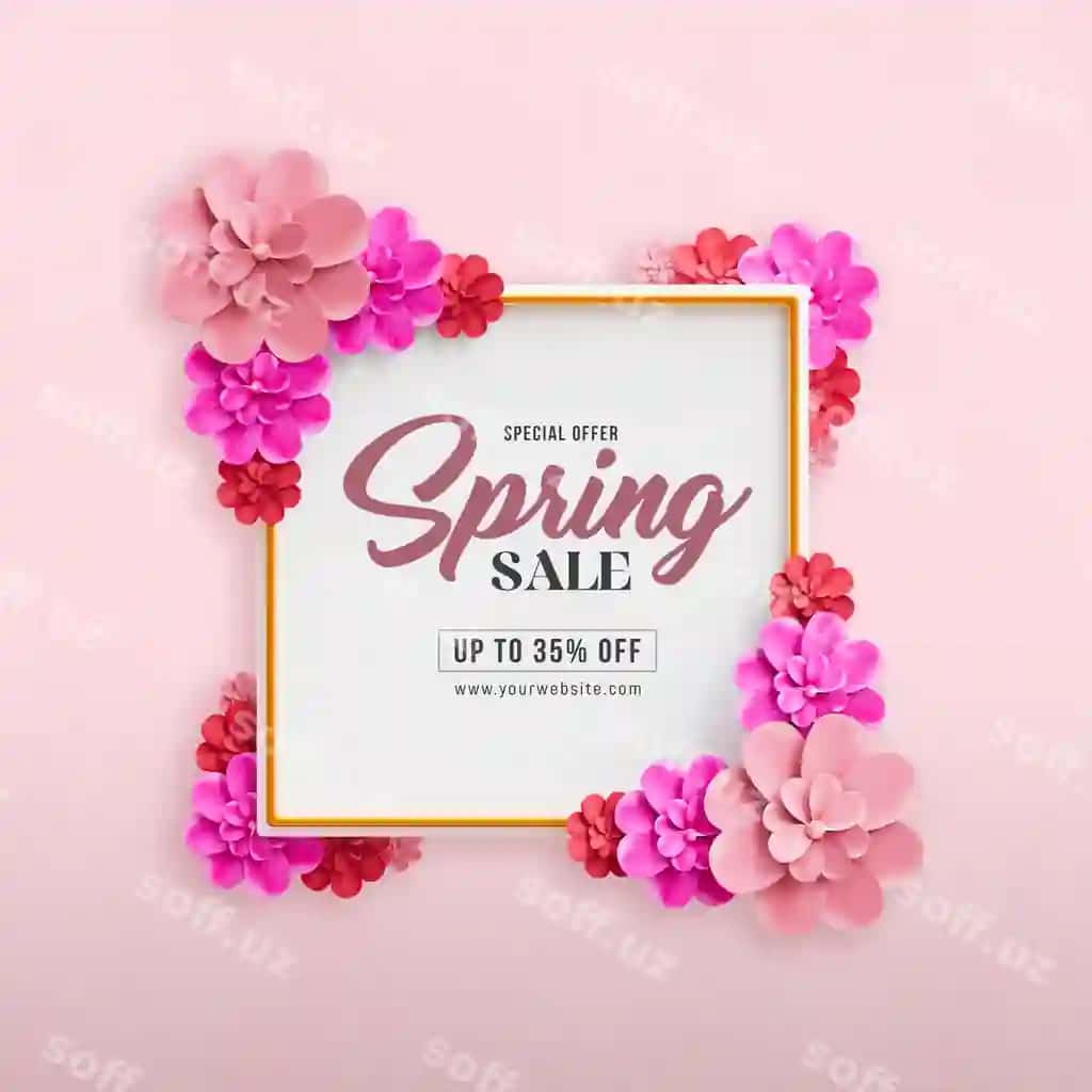 Bahor aktsiyasi uchun go'zal gullar bilan ijtimoiy tarmoqlar post shabloni | Spring sale social media post template with beautiful flowers