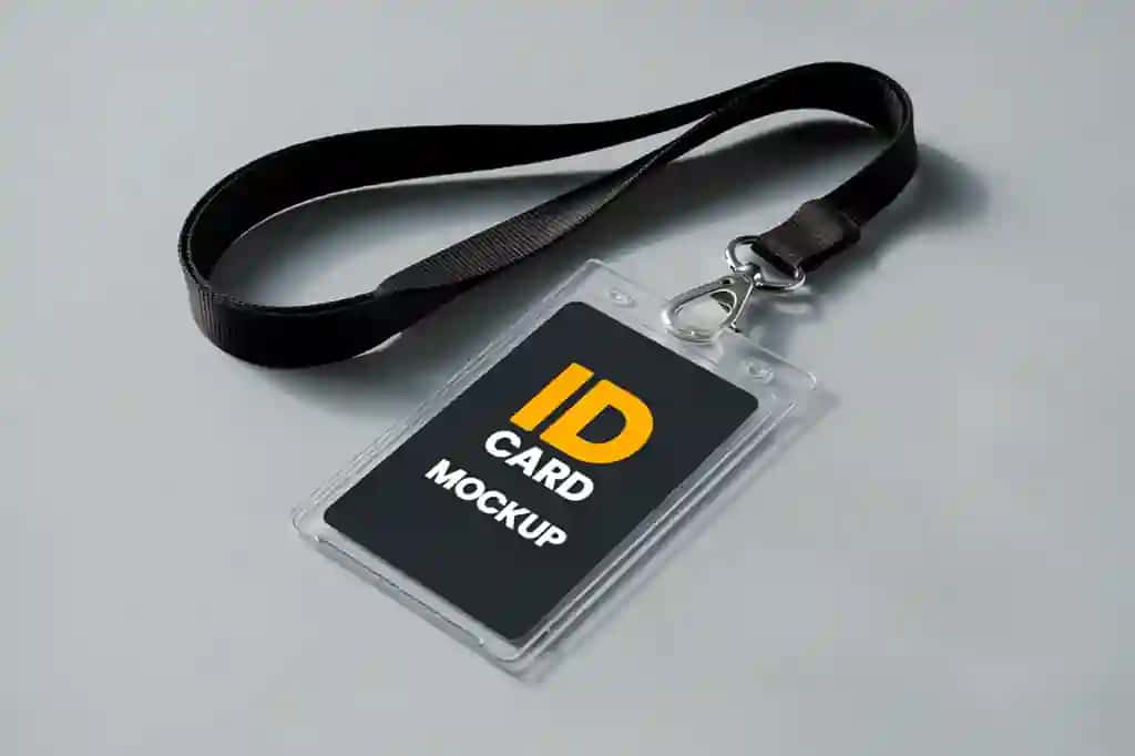 Toza yorug'lik fonida joylashtirilgan lanyardli professional identifikator kartasi maketi | Professional id card mockup with lanyard placed clean light background