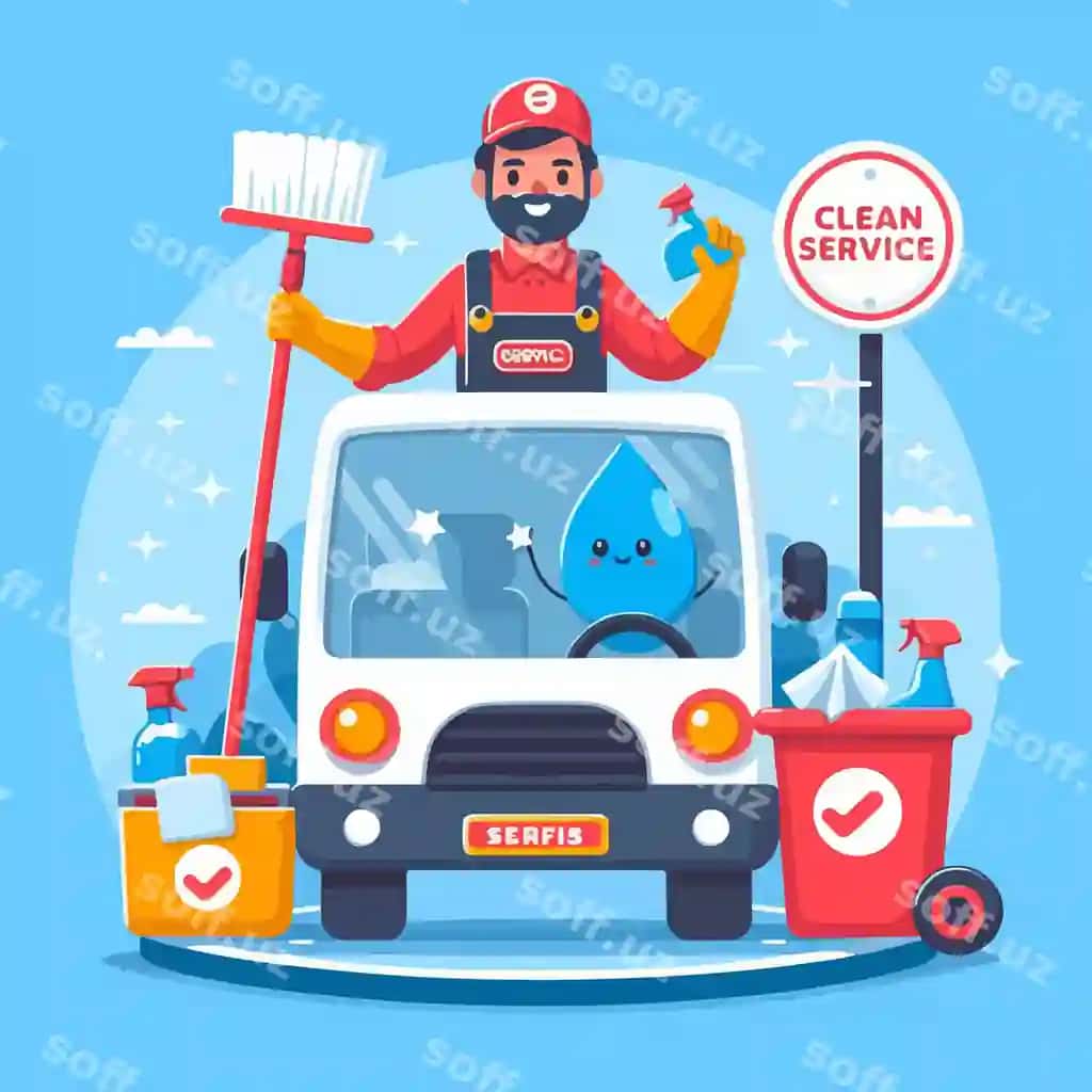 Broom bilan erkak poytaksi, ko'k rangli yuk avtomobili "Clean Service" so'zi bilan. | Poster man with broom blue truck with word clean service it
