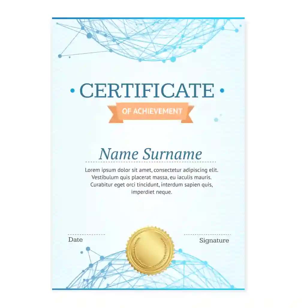 Mavhum tarmoqli vektor tasviri bilan sertifikat vertikal shabloni | Certificate vertical template with abstract mesh sphere vector illustration
