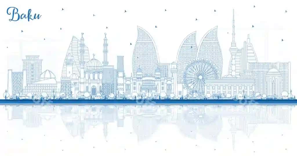 Ozarbayjon Baku shahar konturi ko'k binolar aks ettirishlari bilan chegarasi | Outline baku azerbaijan city skyline with blue buildings reflections