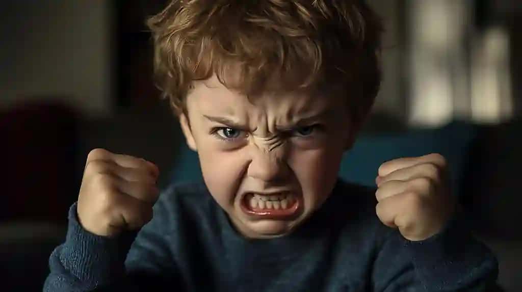 Qizil sochli ko‘k sviterli bola mushtlarini ko‘tarib turibdi | Boy with red hair blue sweater holding his fists up
