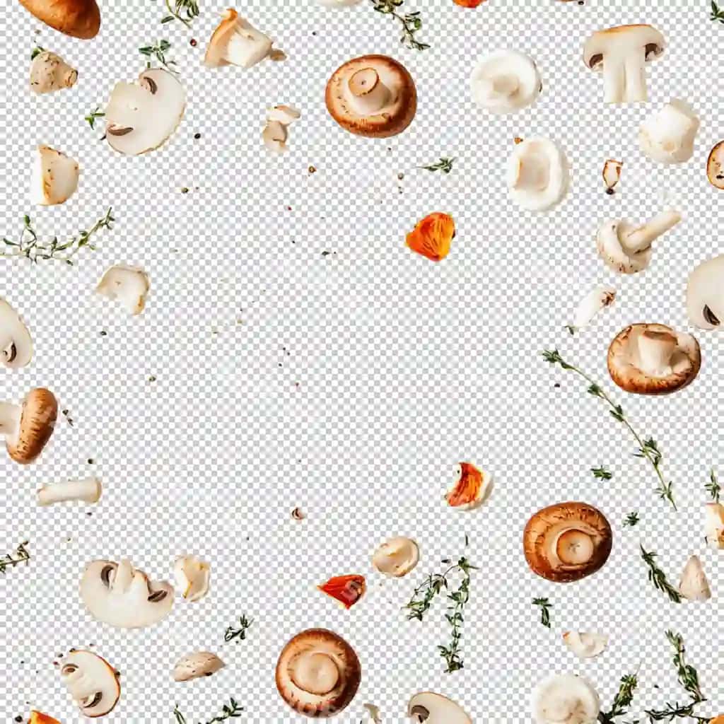 Oq qorong'it kesmalari uchib ajraltirilgan shaffof fonda | White mushrooms slices flying isolated transparent background