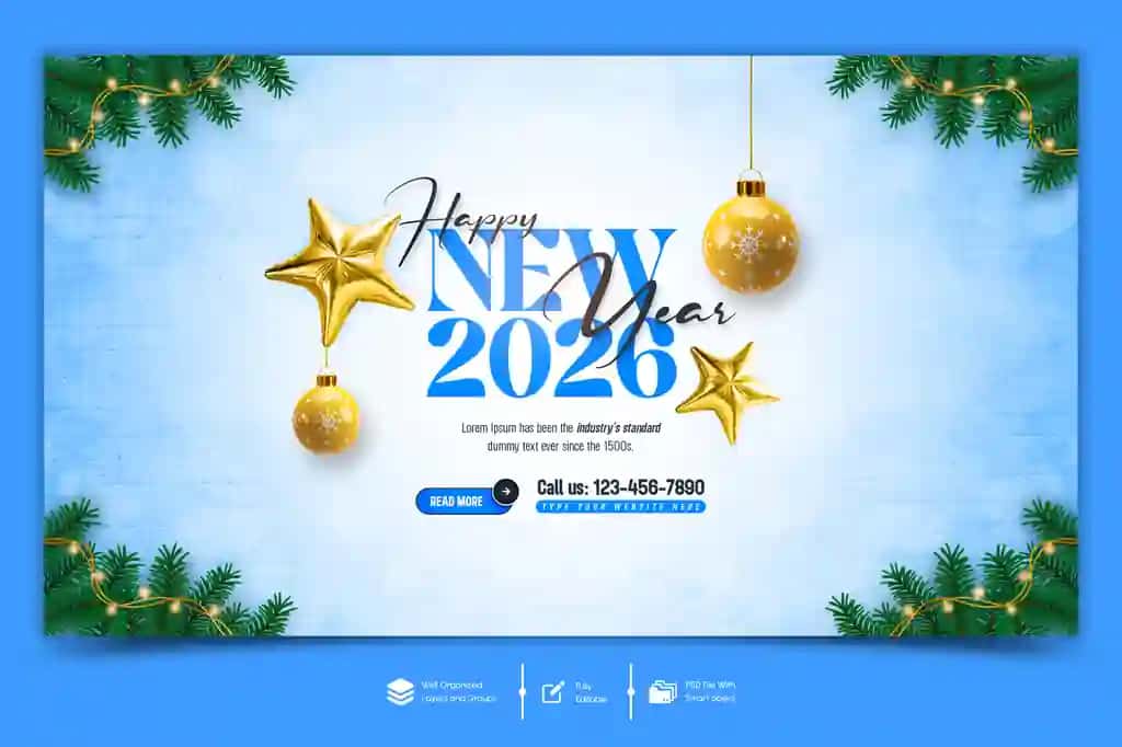 Yangi yilingiz bilan 2026 veb-banner dizayni shabloni | Happy new year 2026 celebration web banner design template