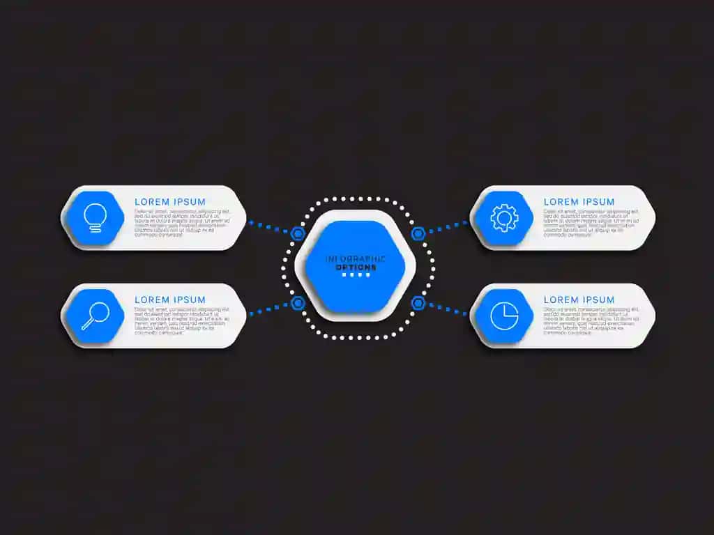To'rtta ko'k olti burchakli qora fonli infografik shablon | Infographic template with four blue hexagonal options black background