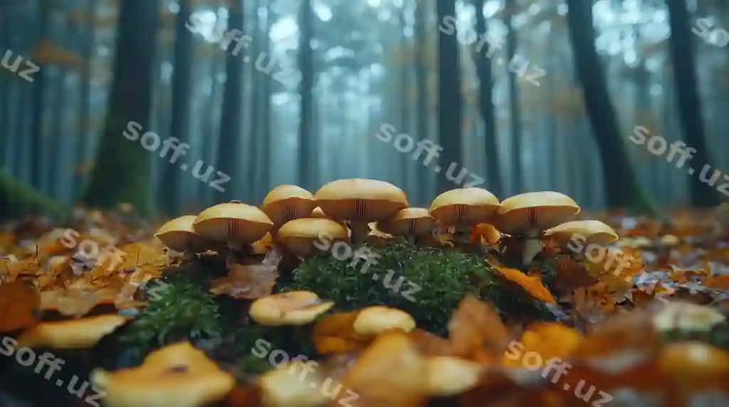 Guruh qo'rqoqlar o'rmon bodomida o'sib, atrofida tushgan barglar bilan chegaradosh. | Cluster mushrooms growing forest floor surrounded by fallen leaves