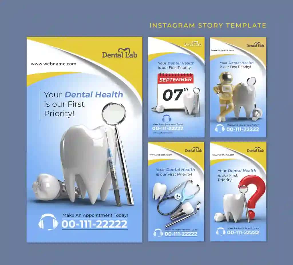 Tish implantlari jarrohlik kontseptsiyasi instagram hikoyalari banner shablonlari | Dental implants surgery concept instagram stories banner templat