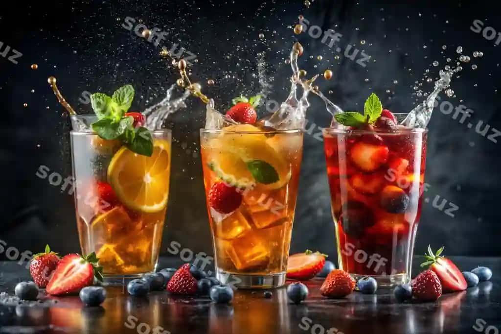 Sovuq serquyosh meva kokteyl apelsin ajoyib, yaban murdasi, cheryonka, nane, qora murdasi. | Cold refreshing fruit cocktail with orange slices blueberry strawberry mint black