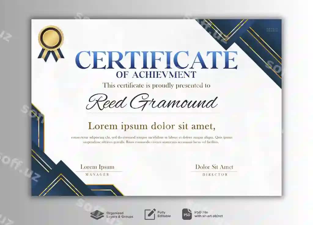 Moviy oltin detallarga ega oqlangan sertifikat shabloni | Elegant certificate template with blue golden details