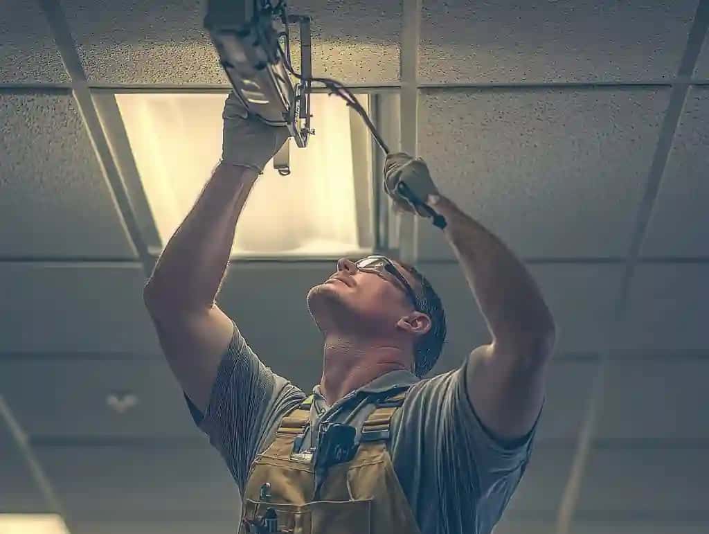 Yoritish moslamalarini o'rnatuvchi texnik xizmatchi | Maintenance worker fixing light fixture office