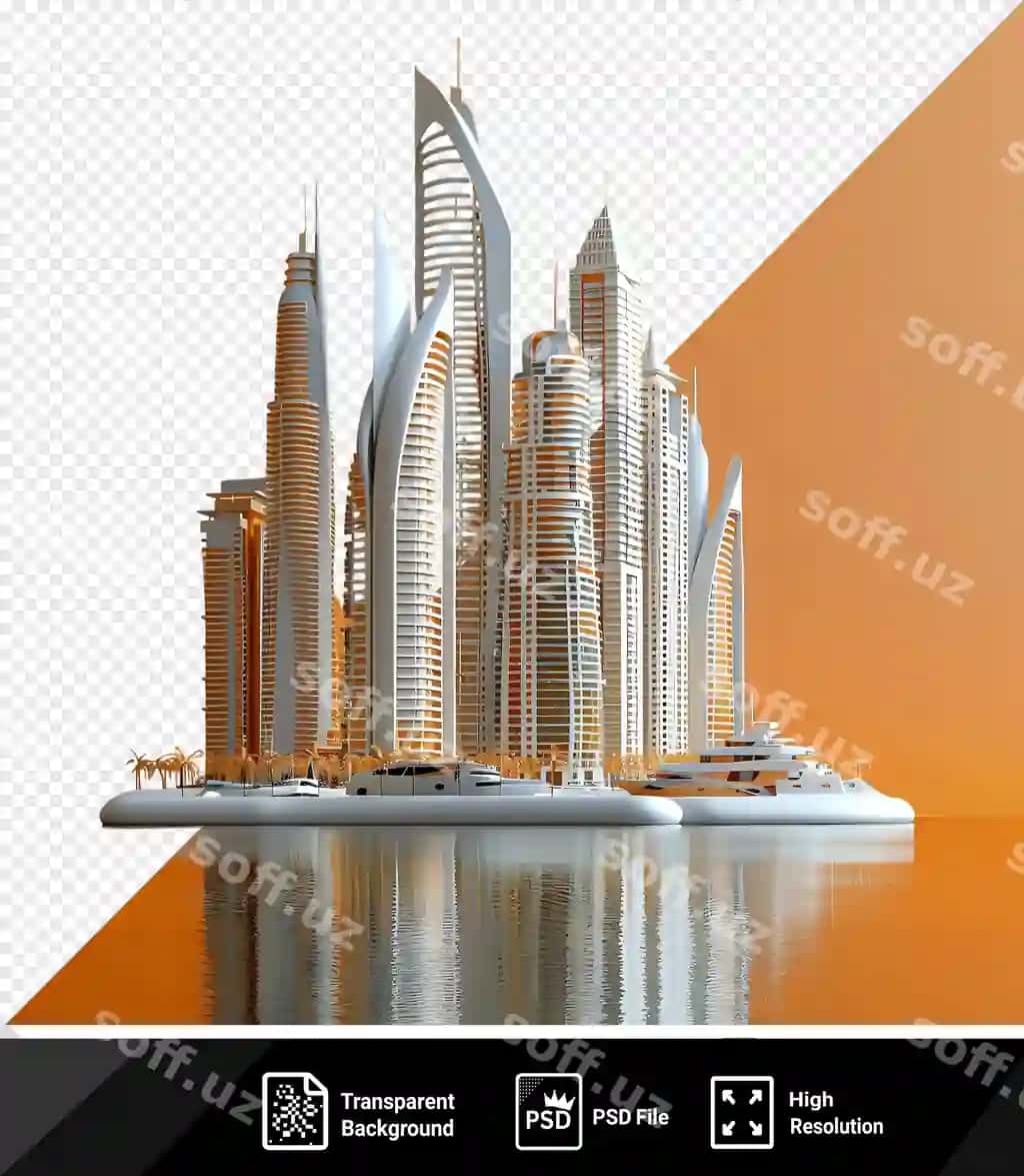 Izolyatsiya qilingan 3D model dubay marinasida oq qayiq sokin suvlari mavjud | Isolated 3d model dubai marina featuring white boat calm waters
