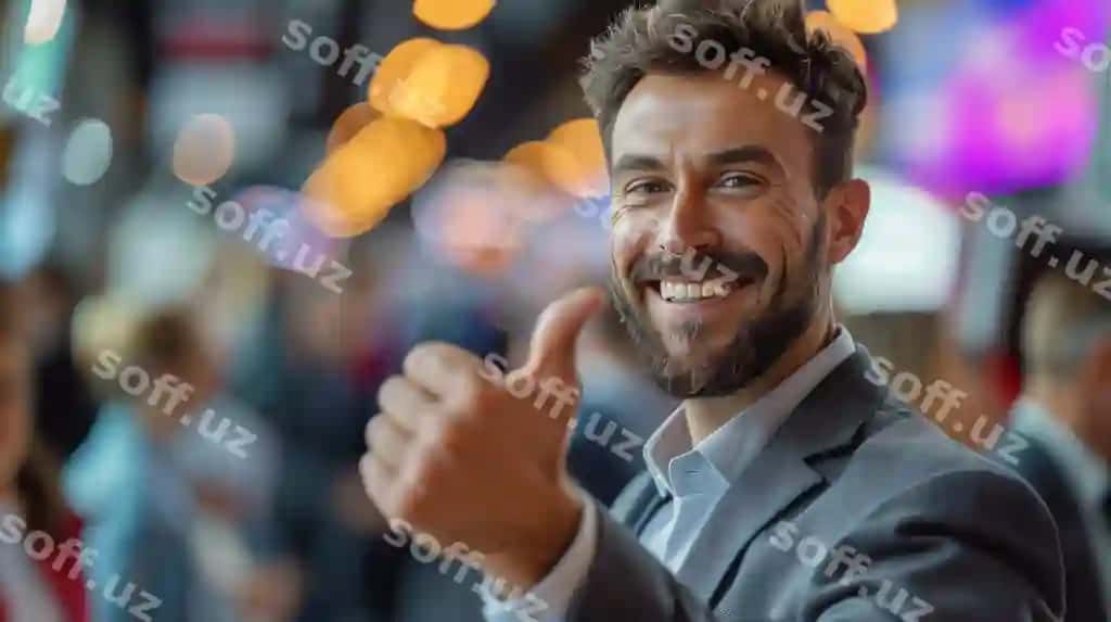 Gulovchi kostyum kiygan erkak tashqi kafe da boshini ko‘taradi. | Smiling man suit gives thumbs up outdoor cafe
