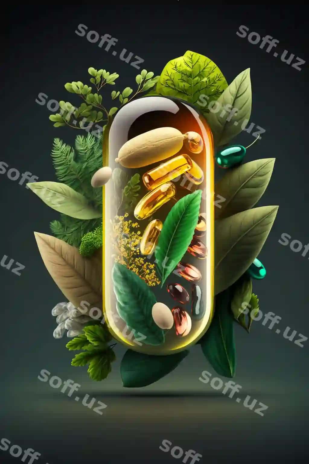 Kapsul qo'shlimliklar homeopatiya vegetatlar mevalar yaproqlar generatsiyon sun'iy intellekt | Capsule supplements homeopathy vegetables fruits leaves generative ai