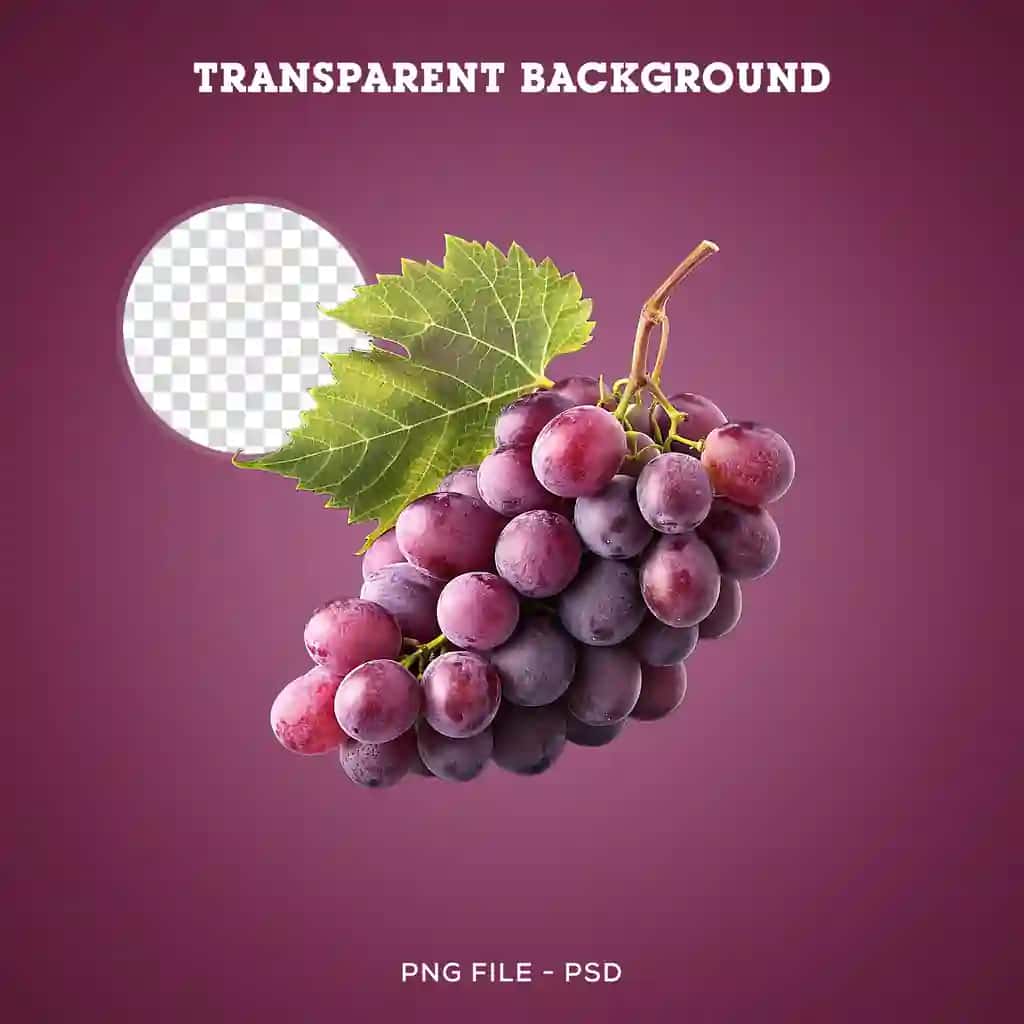 Yashil barglari shaffof fon bilan yangi qizil uzum | Fresh red grapes with green leaf transparent background
