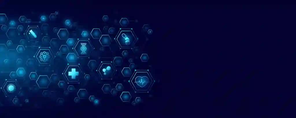 Sog'liqni saqlash piktogrammalari bilan mavhum bog'langan olti burchakli ko'k doira | Abstract connected hexagons with health care icons hud circle blue