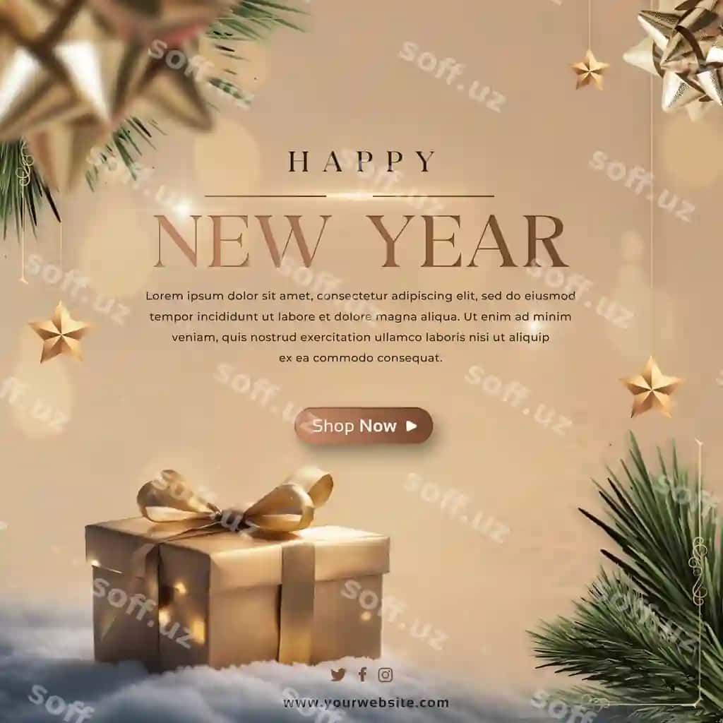 Yangi yil bilan nukhollí ijtimoiy tarmoqlar post dizayn banner shabloni | Happy new year elegant social media post design banner template