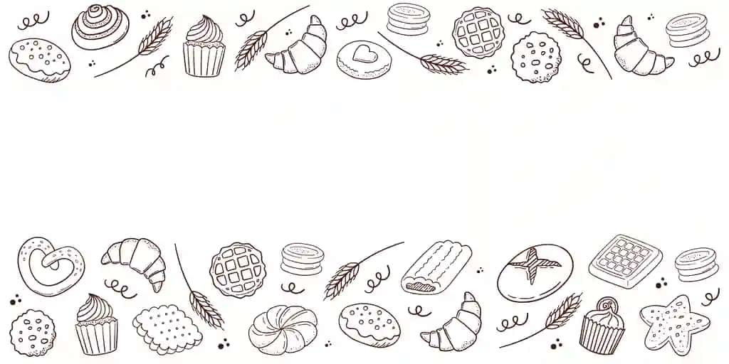 Nonvoyxona banneri qo'lda chizilgan qandolat shirinligi konturining illyustratsiyasi | Bakery shop banner hand drawn pastry dessert outline illustration