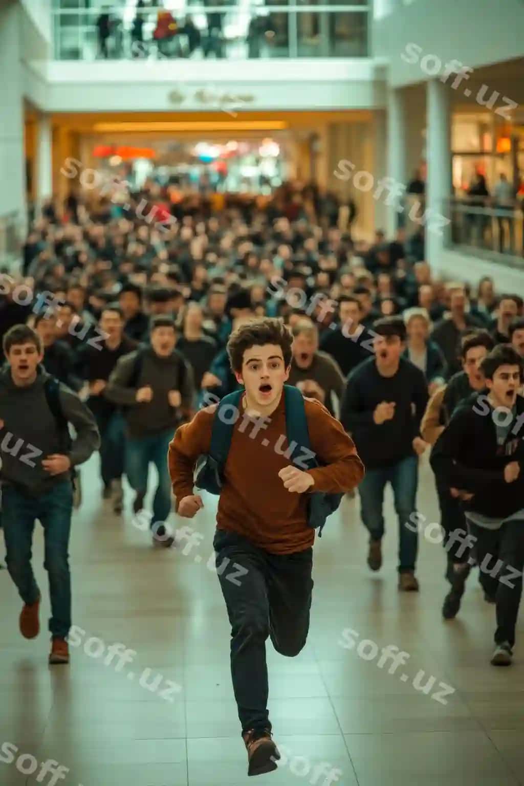 Yigit olomon savdo markazi bilan yugurmoqda | Young man running with crowd mall