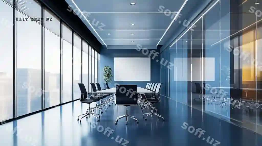 Zamonaviy ko'k konferentsiya xonasi shahar ko'rinishidagi katta derazalar bo'sh ekranli | Modern blue conference room with city view large windows blank screen