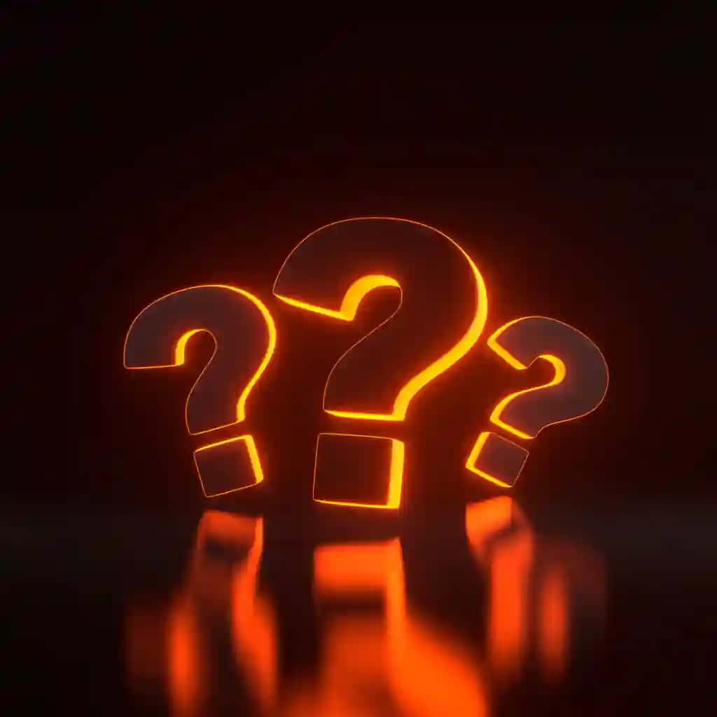Yorqin porlayotgan futuristik apelsin neon chiroqlari qora fon 3D bilan guruhli savol belgilari | Group question marks with bright glowing futuristic orange neon lights black background 3d