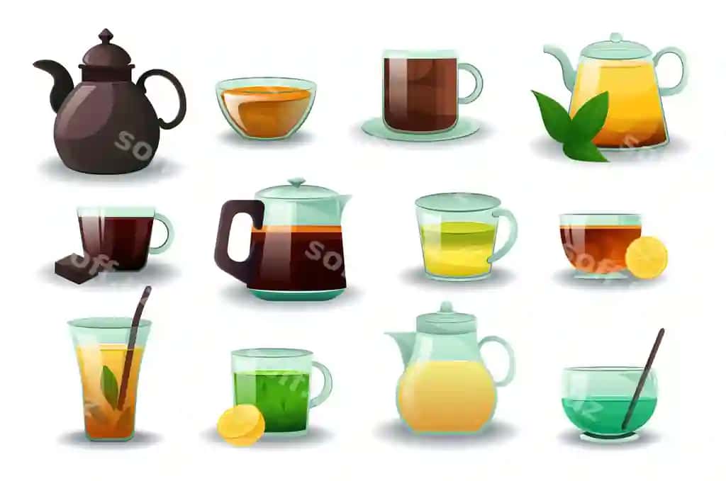 Turli xillarni namoyish etuvchi yassi multfilm dizaynlari bilan kontsept choy kolleksiyasi to'plami | Concept tea collection set flat cartoon designs showcasing various