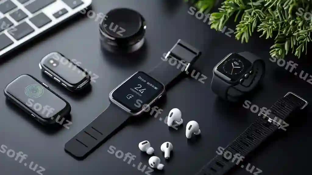 Zamonaviy aqlli soat simsiz quloqchinlari qora rangli smartfon stoli | Modern smartwatch wireless earbuds smartphone black desk