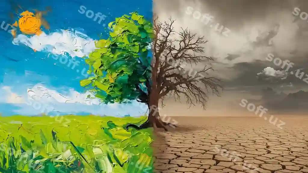 Ekologik konsepsiya bilan dramatikovchi bo'linma landskap | Dramatic split landscape depicting environmental contrast awareness day