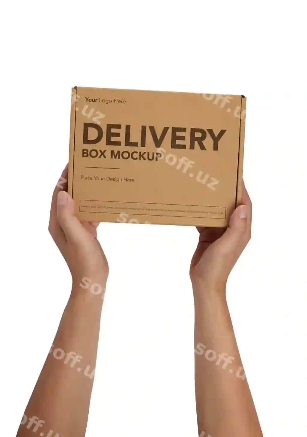 Yuqoridan ko'rinishda qo'lda ushlab turgan karton posilka maketi | Top view hand holding cardboard parcel mockup