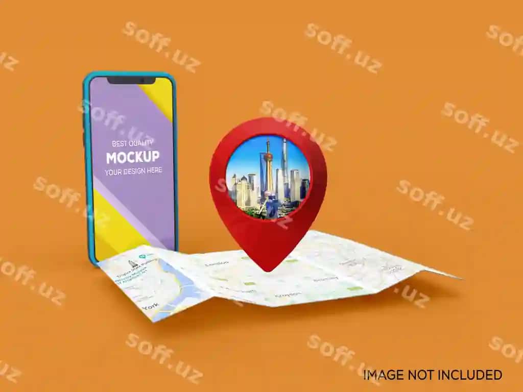 3D smartfon qizil gps pin xaritasi maketi | 3d smartphone red gps pin map mockup
