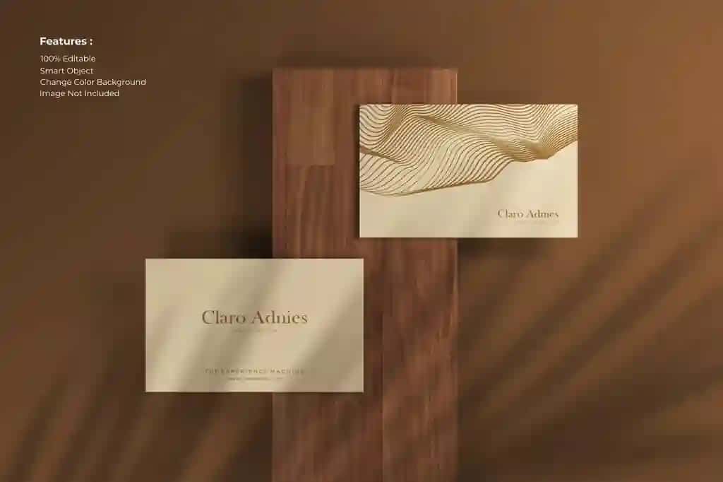 Yuqori ko'rinishdagi oqlangan tashrif qog'ozi maketi yog'och | Top view elegant business card mockup wood