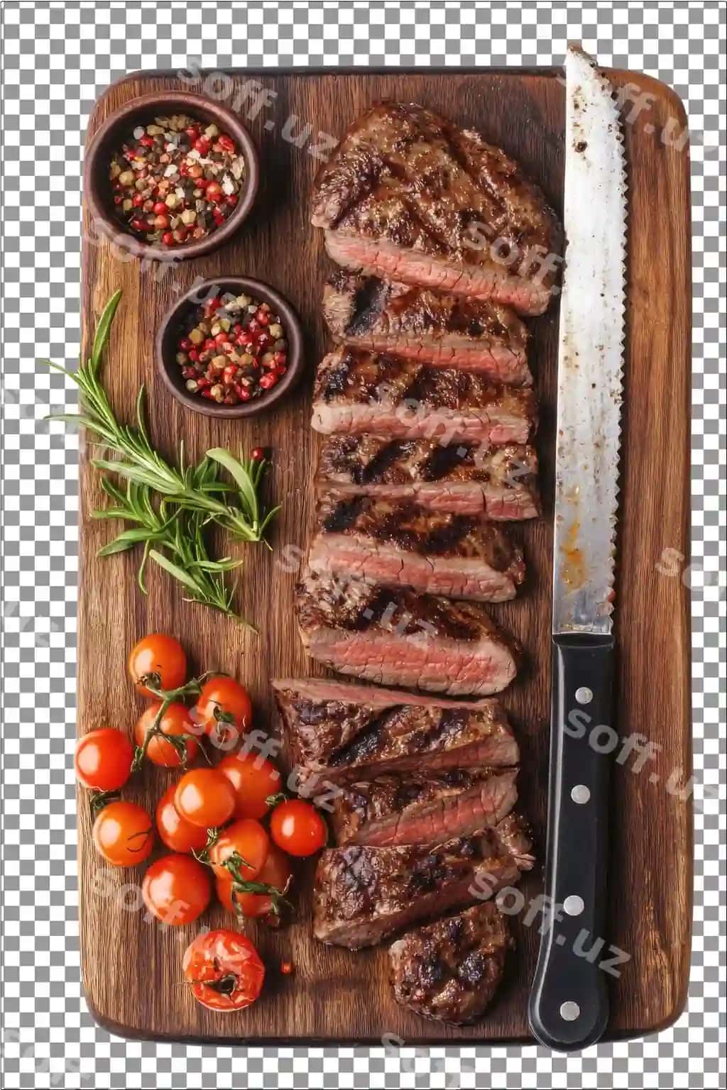 Pazartilgan goshtni kesish yo'riqnomasi teng o'lchamli kesishlarni ta'minlaydi, hiperrealistik xizmat ko'rsatadi. | Grilled meat slicing guide ensures even slices serving hyperrealistic