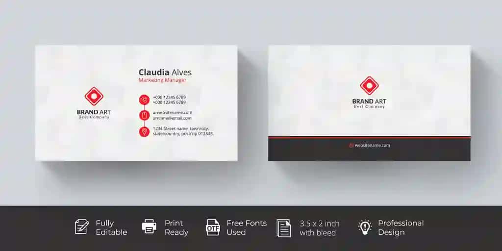Qizil tafsilotlar bilan oq vizitka | White business card with red details