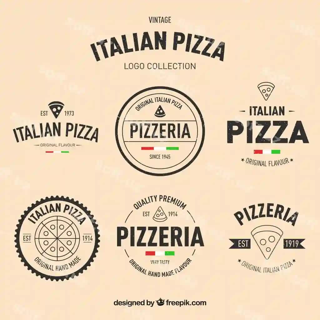 Vintage uslubdagi qo'l bilan chizilgan pitsa logotiplari paketi | Pack hand drawn pizza logos vintage style