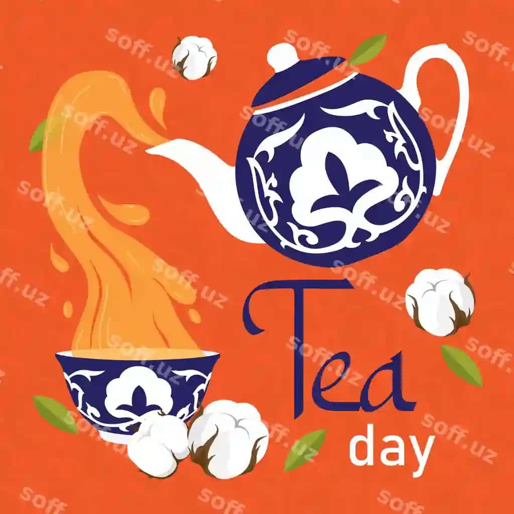 Choynakdagi choy to'q sariq fonda "choy kuni" yozuvi bilan yozilgan | Teapot cup tea are orange background with words tea day