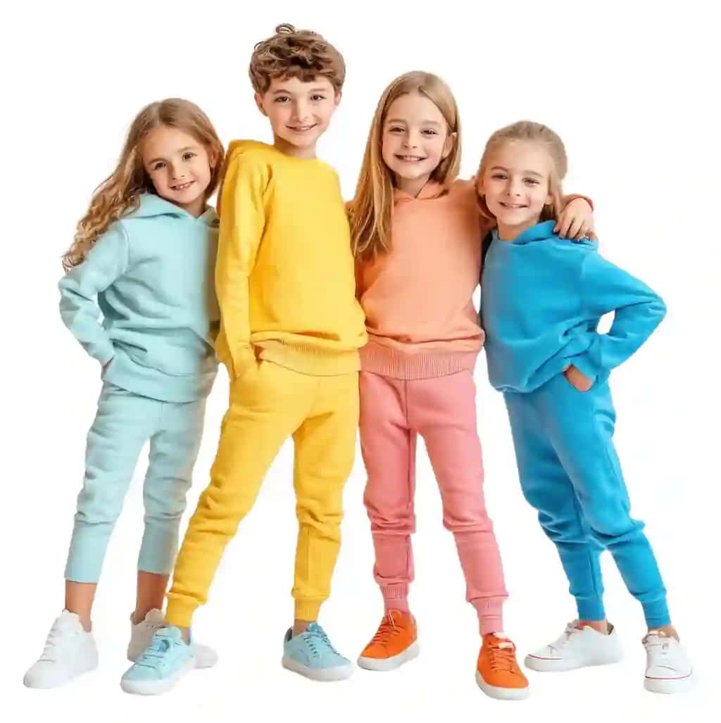 Baxtli bolalar rangli sport kostyumlari birgalikda suratga tushishmoqda | Happy kids colorful tracksuits posing together