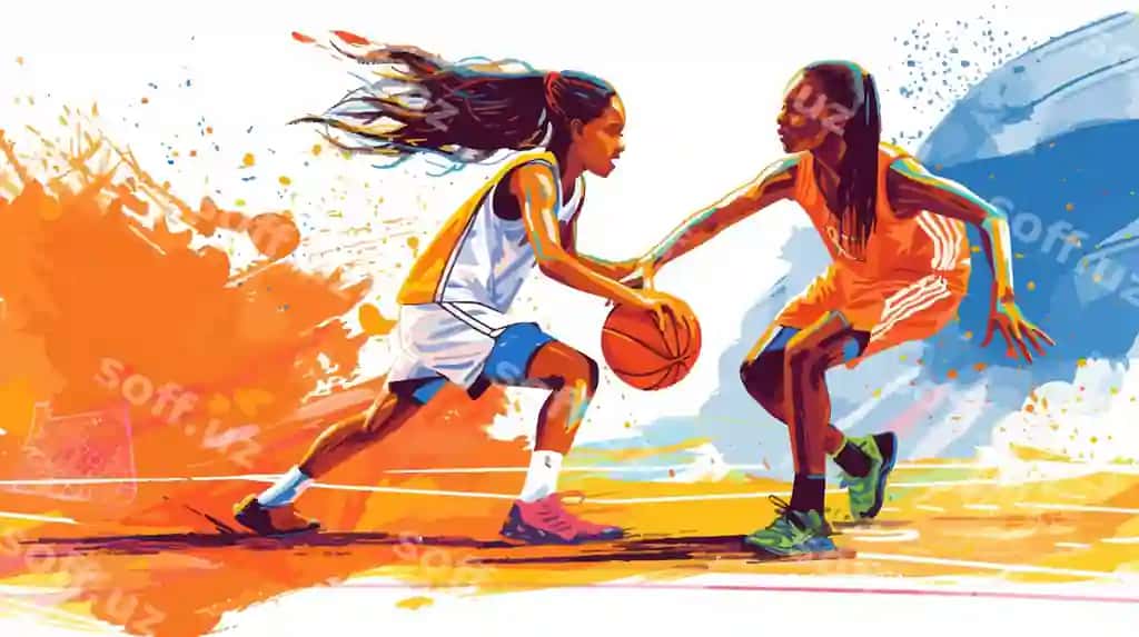 Suvarli rasm ikkita qiz basketbol o'yin oynayotgan | Watercolor painting two girls playing basketball