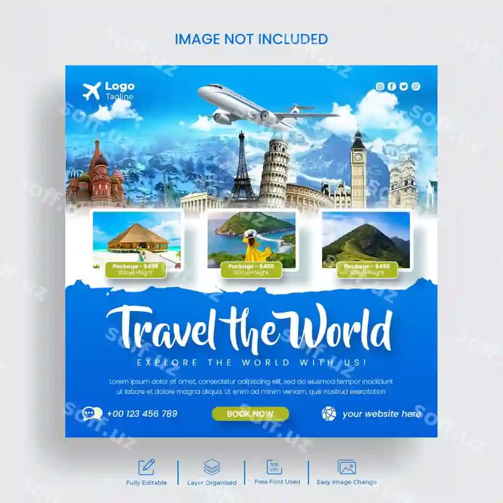 Sayohat agentligi va turizm uchun Instagram posti banneri shabloni | Social media post banner travel agency tourism instagram post template