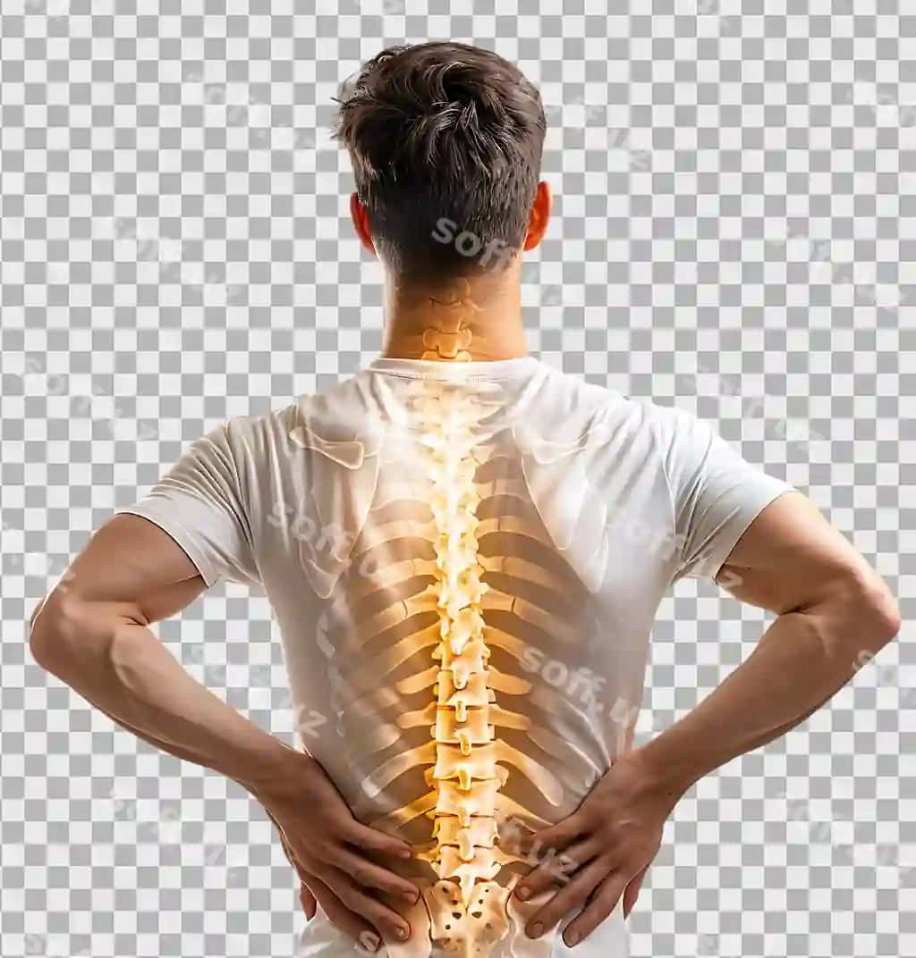 Yosh erkak bel aylanotgan, ko'rinadigan ustiylar, ajraltirilgan, shaffof | Young man with back pain visible spine bone isolated transparent