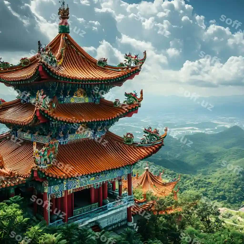 Ajoyib sharqiy tempol murakkab binolar va bog'lar atrofida | Magnificent oriental temple surrounded by intricate structures gardens