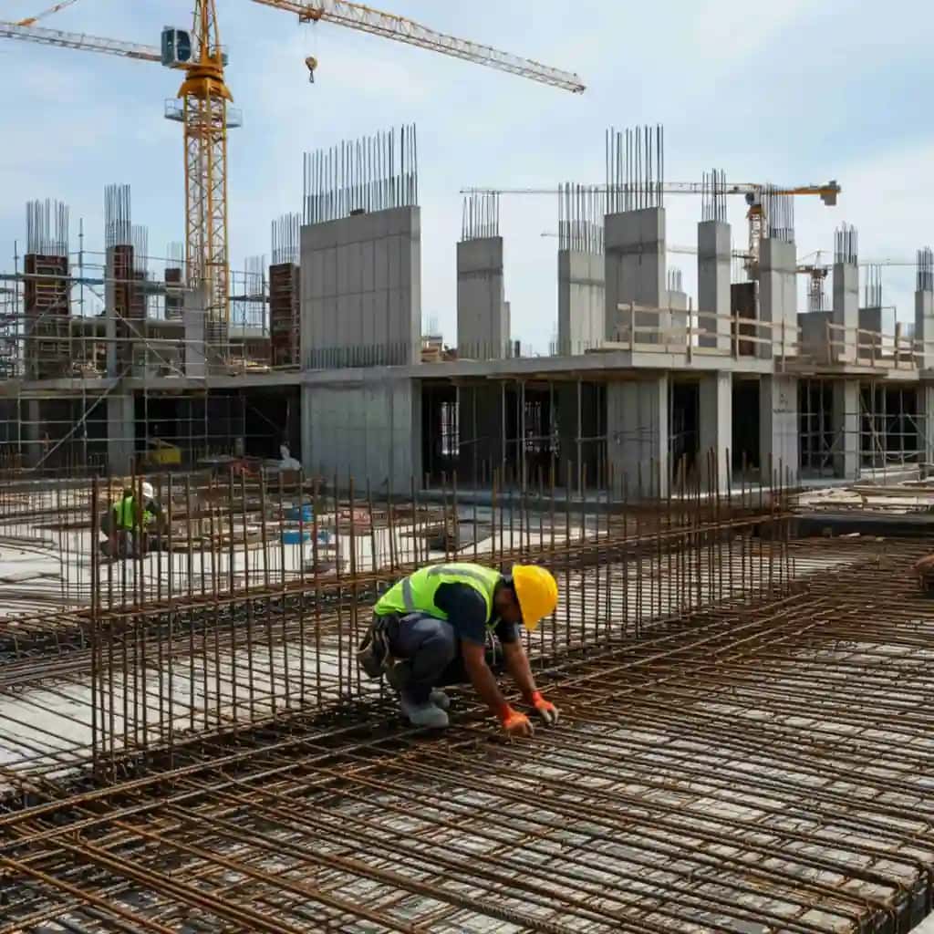 Kran fonida qurilish maydonchasida ishlayotgan qurilish ishchilari | Construction workers working building site with crane background