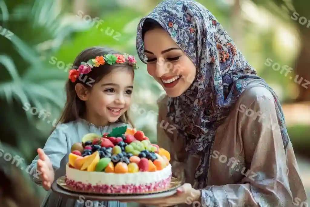 Guladigan ona qiz meva tortini ulashyotgan | Smiling mother daughter sharing fruit cake