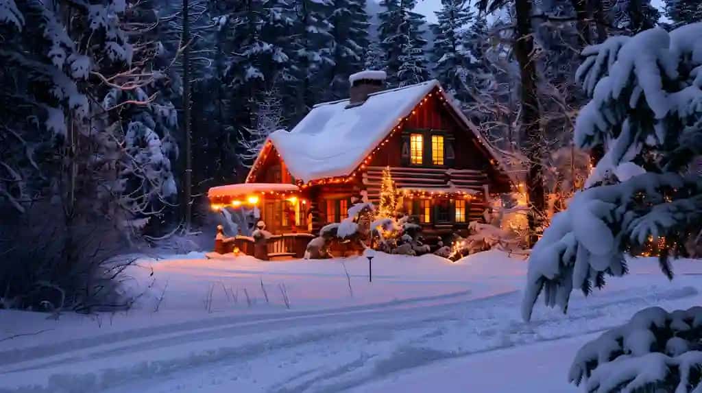 Chiroqlari bilan shinam qish kabinasi qorli o'rmonning haqiqiy tasviri | Cozy winter cabin with lights snowy forest realistic image