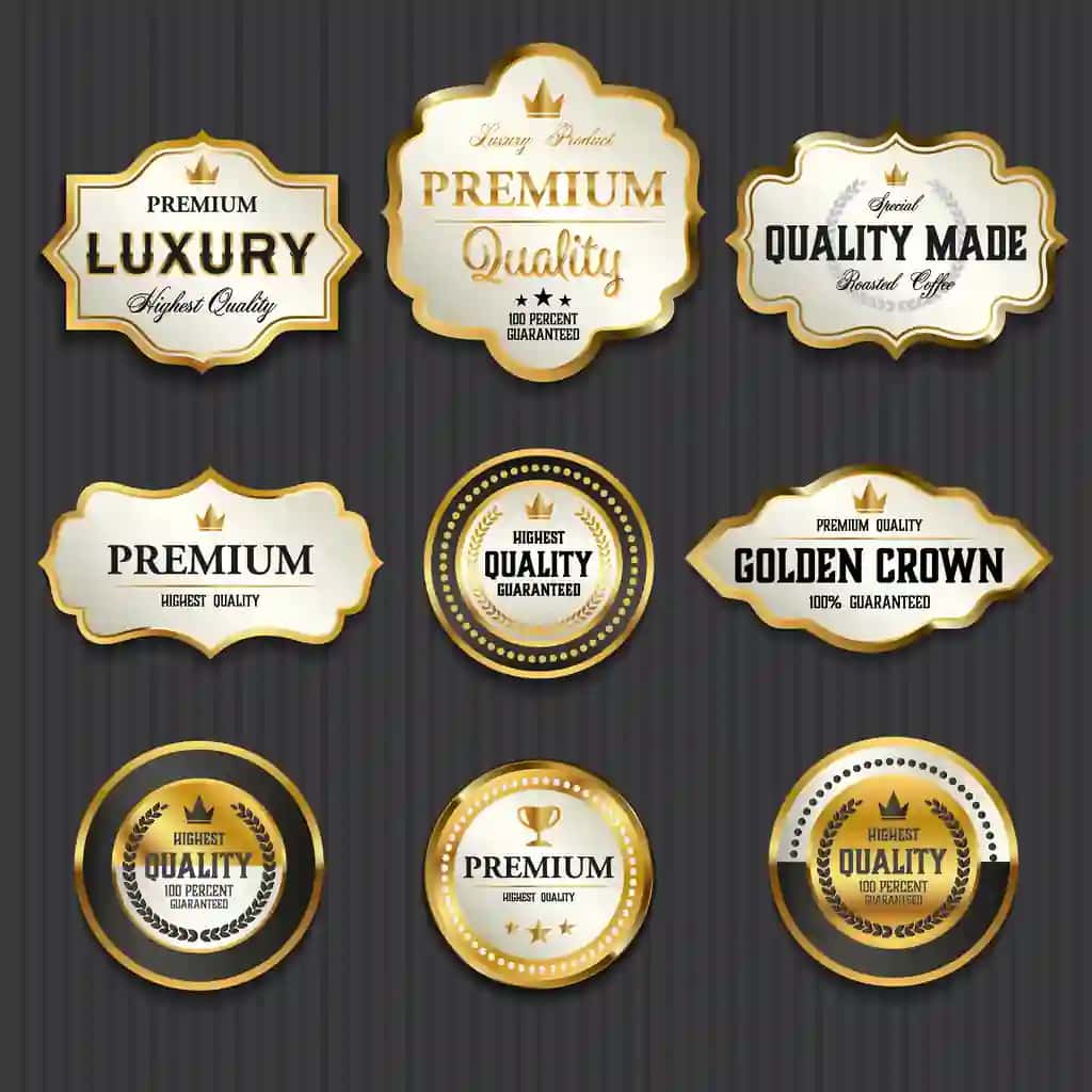 Hashamatli premium oltin teglar to'plami vektor tasviri | Luxury premium golden labels collection vector illustration