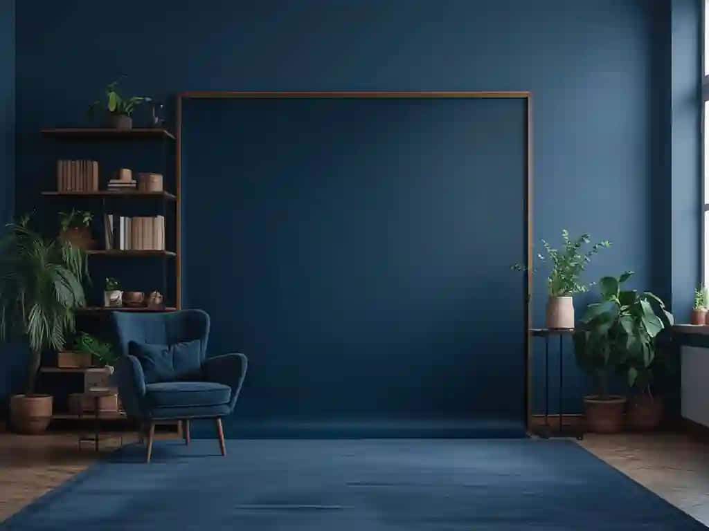 Studiya fonidagi o'simliklar bilan qulay ko'k yashash xonasi | Cozy blue living room with studio backdrop plants