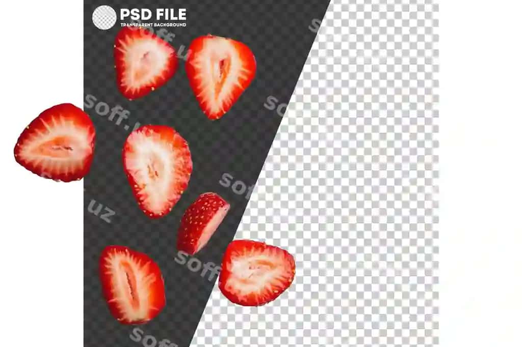 Png yaqinda o'rikilgan bodomlar oq fonda joylashgan ovqat pazligi | Png freshly sliced strawberries arranged white background culinary