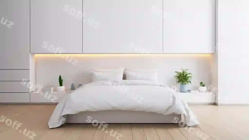 Oq uy xonasi ichki dekori qulay faza zamonaviy dizayn 3D render | White bedroom interior cozy space modern design 3d render