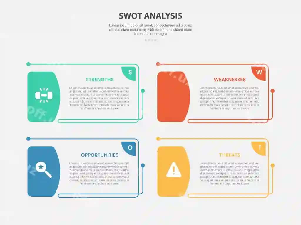 SWOT tahlili infografika sxema uslubi 4 nuqta shabloni bilan | Swot analysis infographic outline style with 4 point template with
