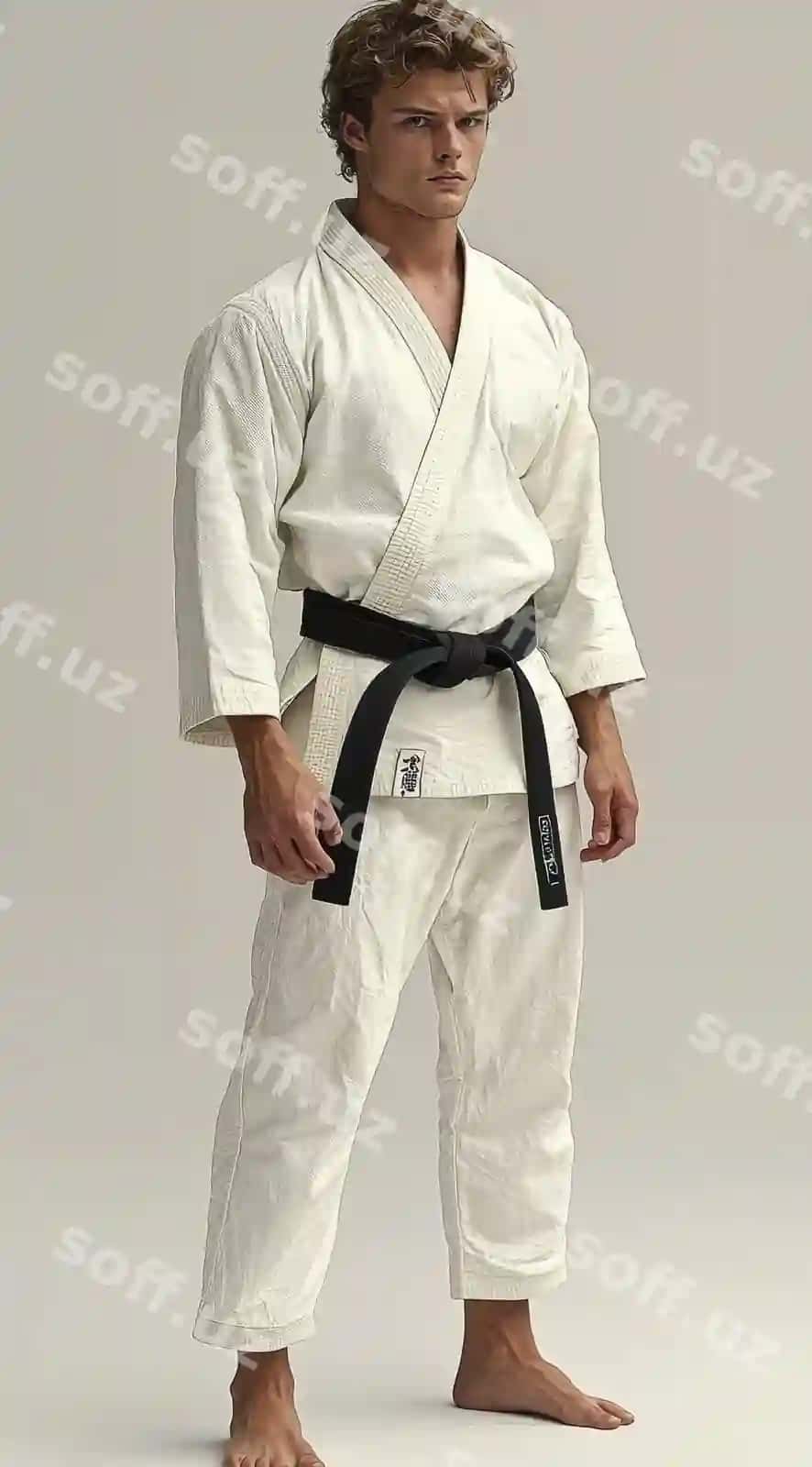 Yosh erkak oq karate kiyimi va qora kamarband bilan kiygan. | Young man wearing white karate gi with black belt 2