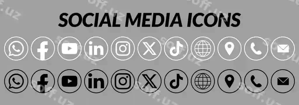 Doira shaklidagi ijtima'i tarmoqlar ikonkalari va qat'iy rangdagi komunikatsiya elementlarini o'rnatish | Set circular social media icons communication elements with solid