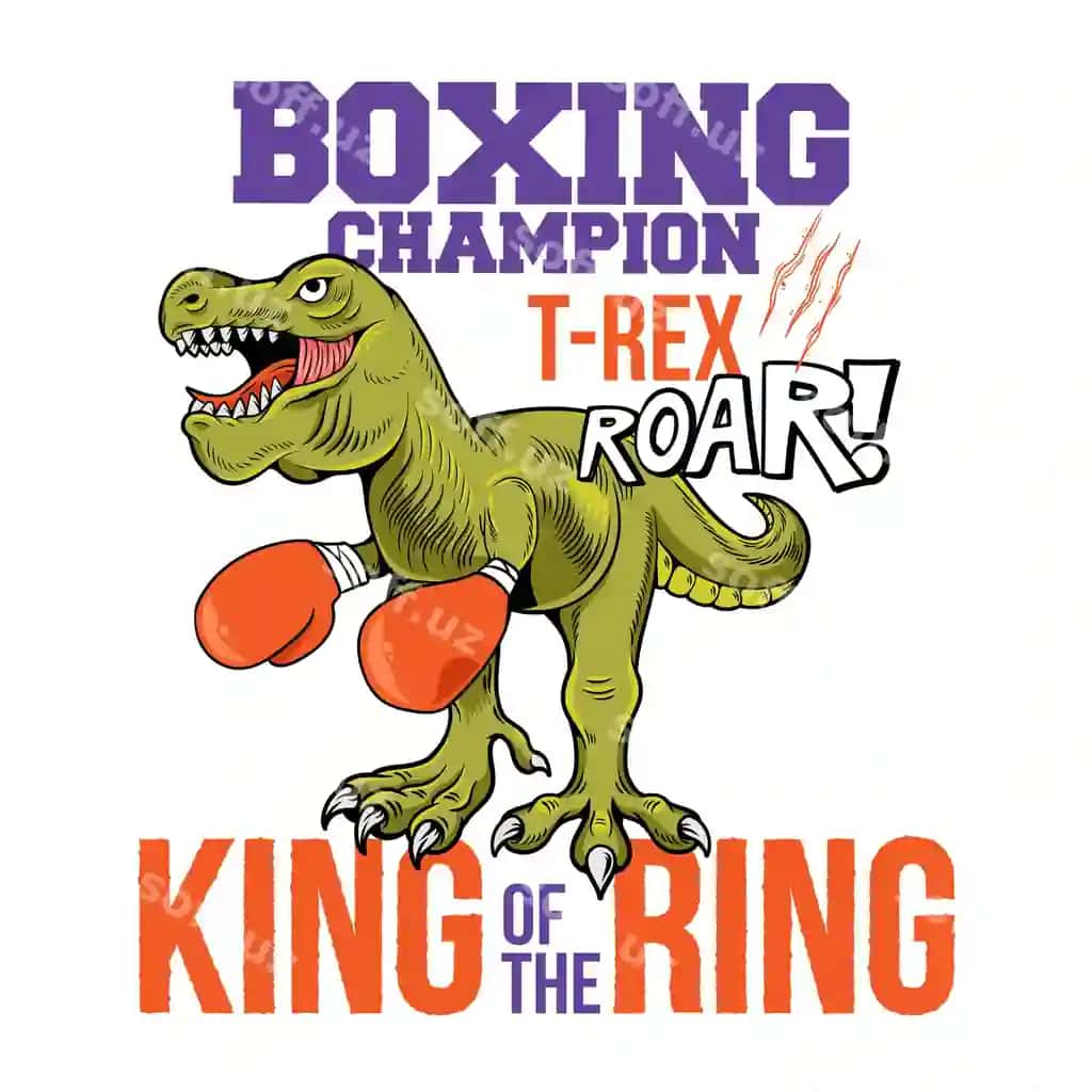 Karyakter illustratsiyasi boks chempioni T-rex Tyrannosaurus bilan | Cartoon character illustration with boxing champion t rex tyrannosaurus